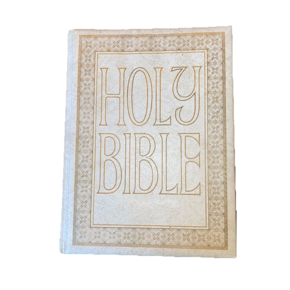 Vintage 1963 Large Holy Bible Catholic Cream Faux Leather Large Print Art